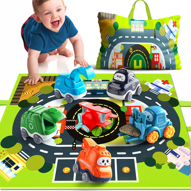 Baby Truck Car Toy Set with Playmat & Storage Bag – Toddler Gift for Boys 1–2 Years