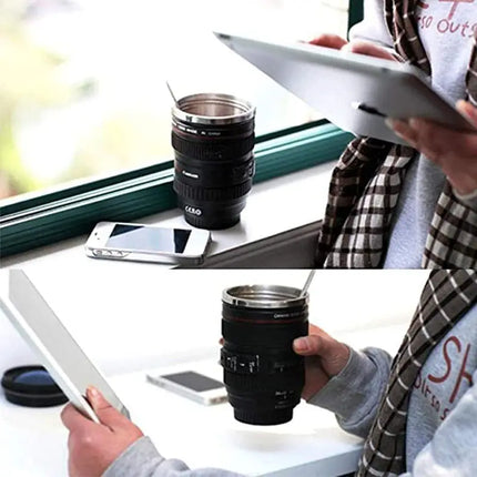 Self-Stirring Camera Lens Coffee Cup – Stainless Steel Mug