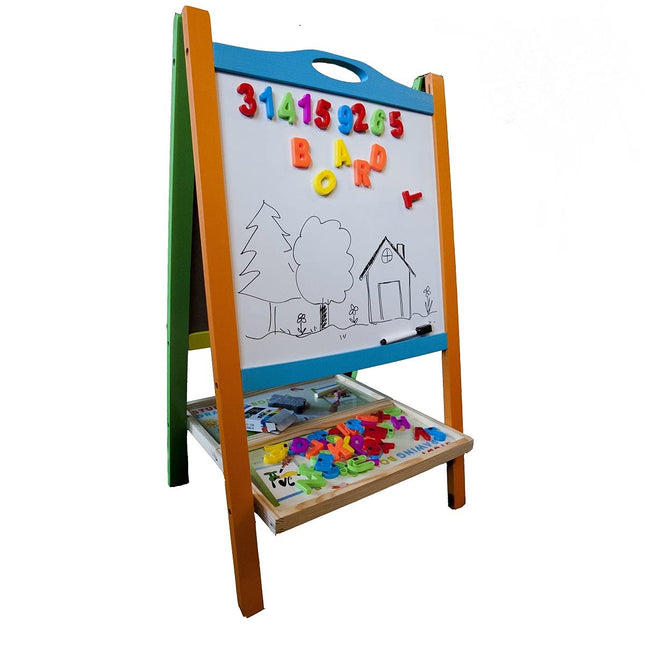Double-Sided Wooden Kids Art Easel – Magnetic Whiteboard & Chalkboard with ABC Numbers