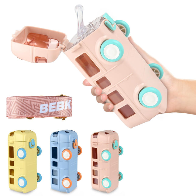 Kids Bus Water Bottle with Straw & Shoulder Strap – BPA-Free 16oz | Pink