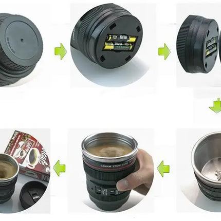 Self-Stirring Camera Lens Coffee Cup – Stainless Steel Mug