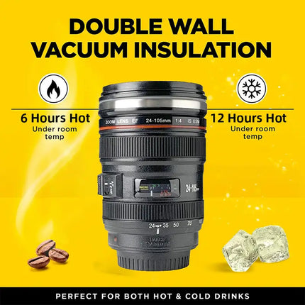 Self-Stirring Camera Lens Coffee Cup – Stainless Steel Mug